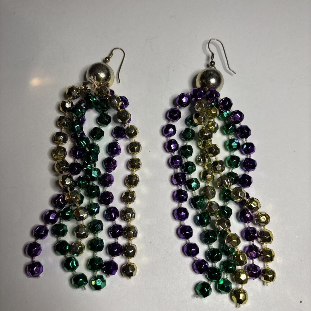 Mardi Gras Earrings Bead Tassel Purple Green Gold New Orleans Carnival NEW